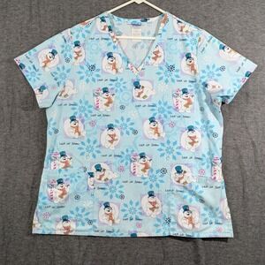 Frosty the Snoman Womens Scrub Top Blue Let It Snow‎ Christmas Holiday Size L